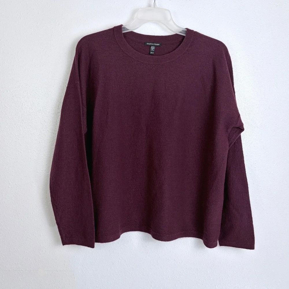 Eileen Fisher Wool Sweater Plum Purple Textured Knit Boxy Crewneck M